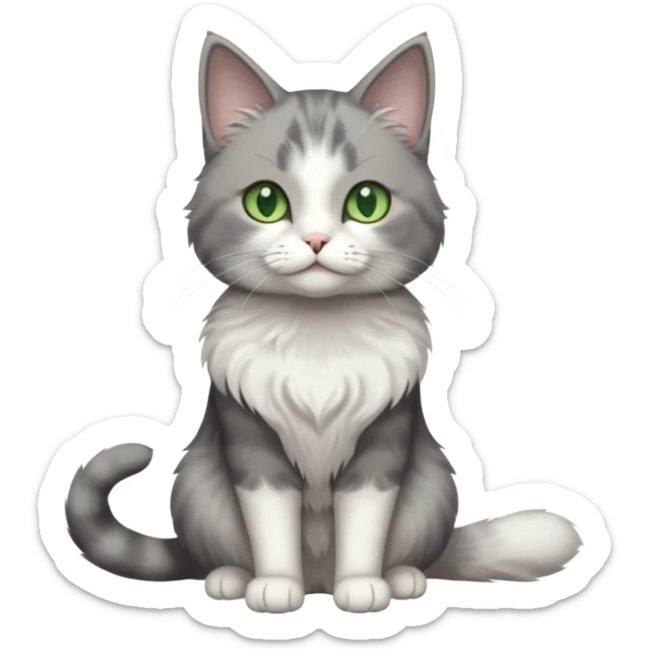 full body view of beautiful female grey cat with green eyes, white paws and white chest sticker