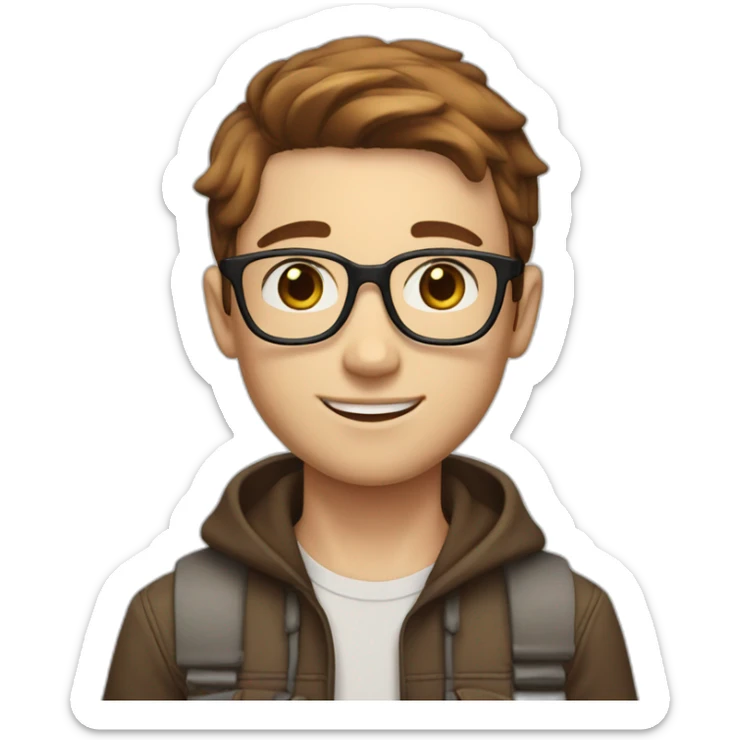 Boy with freckles on his face, cap, white skin tone, brown hair tone, short, straight hair, with cool glasses and urban look, brown eyes, nice smile sticker