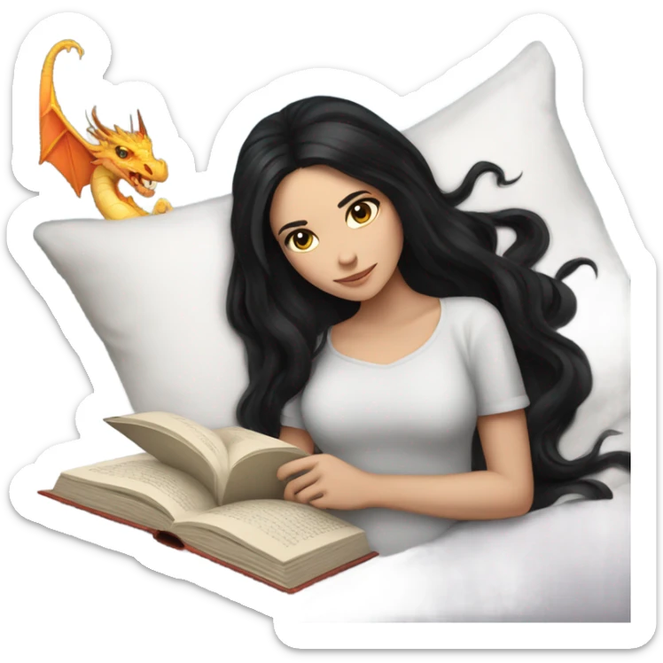 White girl with long black hair lying in bed reading a book with a dragon on the cover sticker
