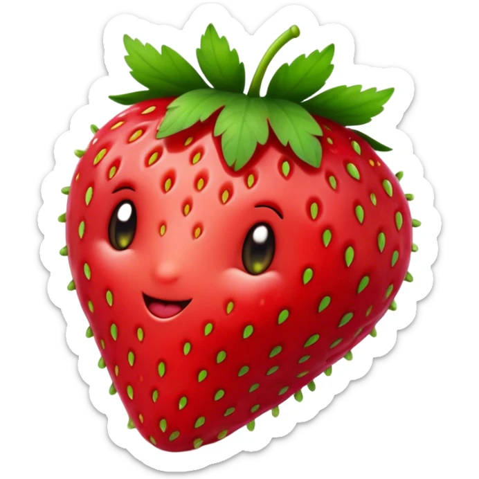Cinematic Realistic Strawberry Emoji, Plump and juicy, with a deep red color and small, fresh seeds dotted across the skin. Its glossy, sweet surface catches the light, while bright green leaves top off the perfect, delicious berry. Soft glowing outline, capturing the essence of sweetness and freshness in a bright strawberry! sticker