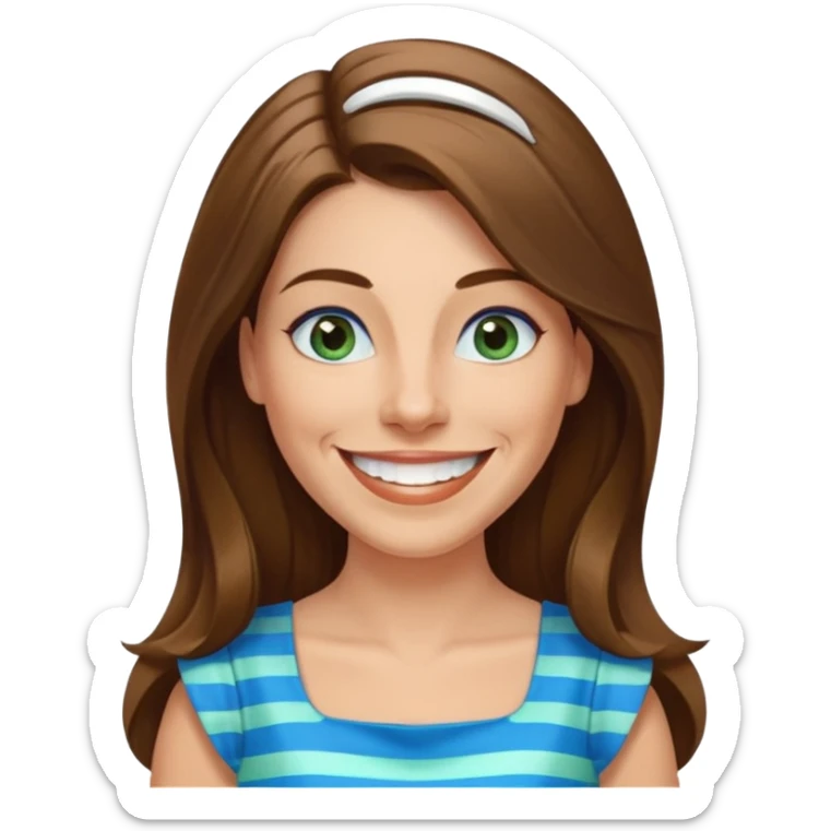 40 yr Caucasian woman, long brown hair parted on side, white stripe in hair, blue green dress ,big smile, white teeth, dimples, blue eyes sticker