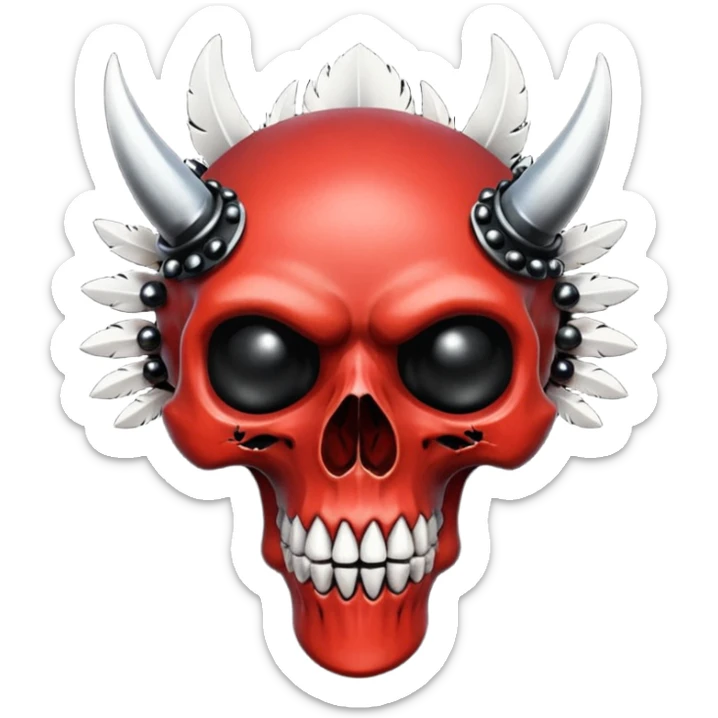 Sanguine-red black-eye-sockets canine-skull with black hollow eye sockets and black feathers and black gems and black spikes sticker