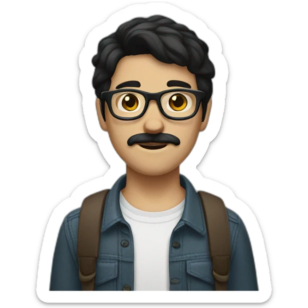 White Boy with black hair glasses little dark brown mustache and shaved visible dark brownbeard sticker