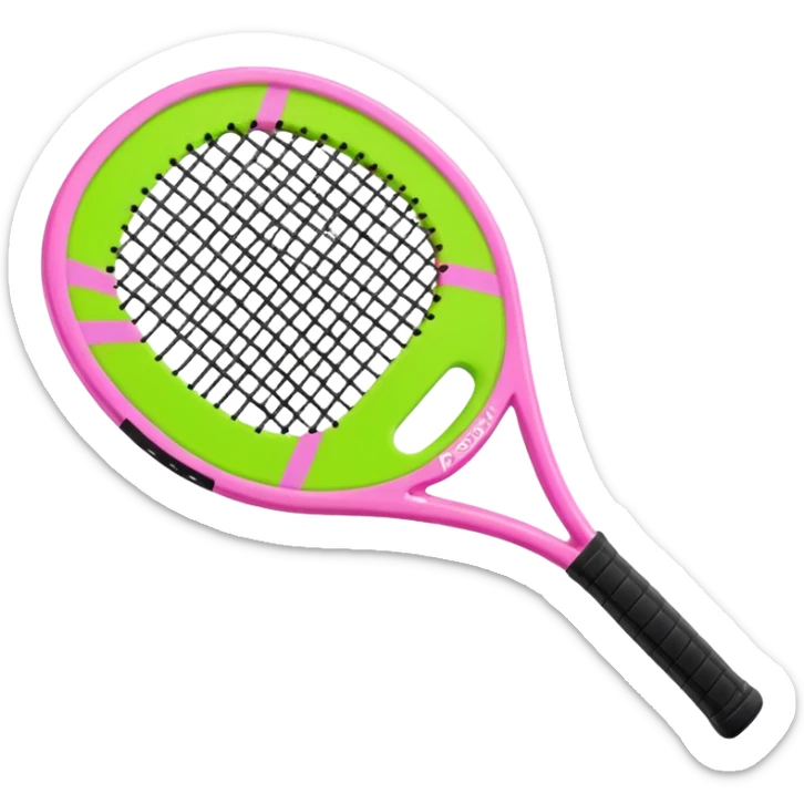 green padel racquet
with white frame
black grip
with a pink "p" in the middle
"padel in action academy" in white on top sticker