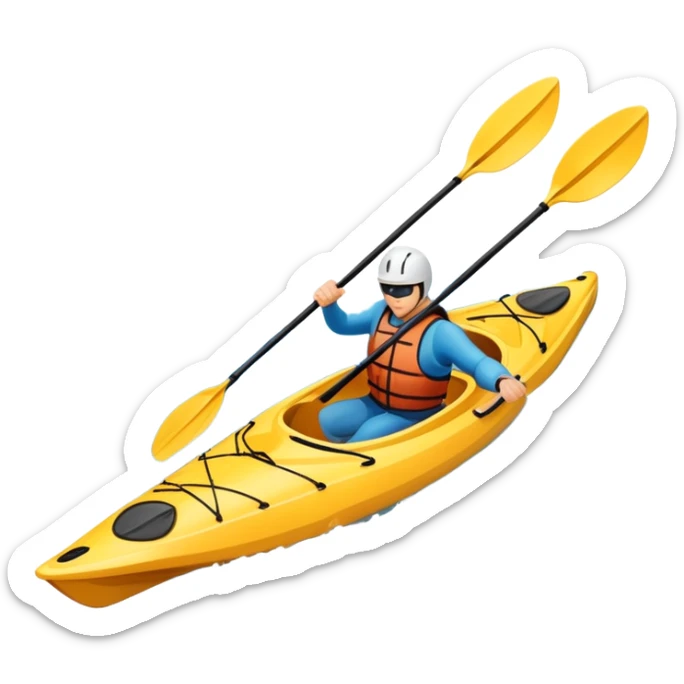 An icon showing a close-up of a kayak gliding over rippling water, with a double-bladed paddle in motion and splashes around. The sleek shape of the boat and dynamic strokes highlight the speed and precision of kayaking. Transparent background emphasizes the energy of the sport. sticker