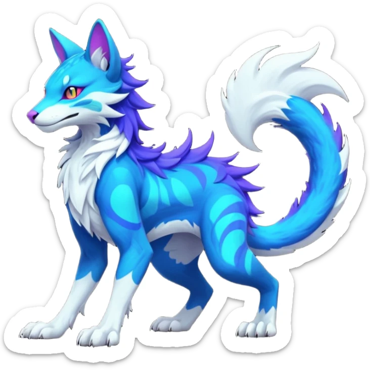 Neon-colored fantasy feline-vernid-sergal-protogen-primagen-fursona animal creature with a tufted tail full body with intricate markings  sticker