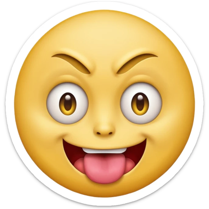 A yellow round face emoji smirking with its tounge out but the eyes are evil and kind of crazy and one eyebrow is raised in a suggestive way sticker