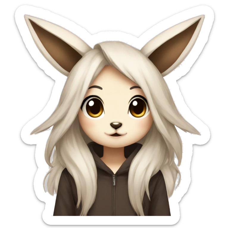 Kawaii Pale Eevee with dark brown long emo hair covering her eyes Full Body sticker