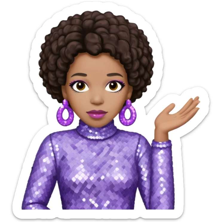 Macy Gray with dark brown hair, pale lavender sequin outfit sticker