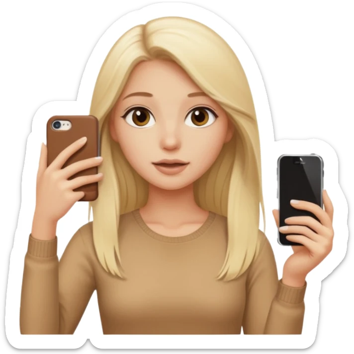  beautiful pale blonde girl with long hair taking selfie on brown case iPhone in beige top sticker