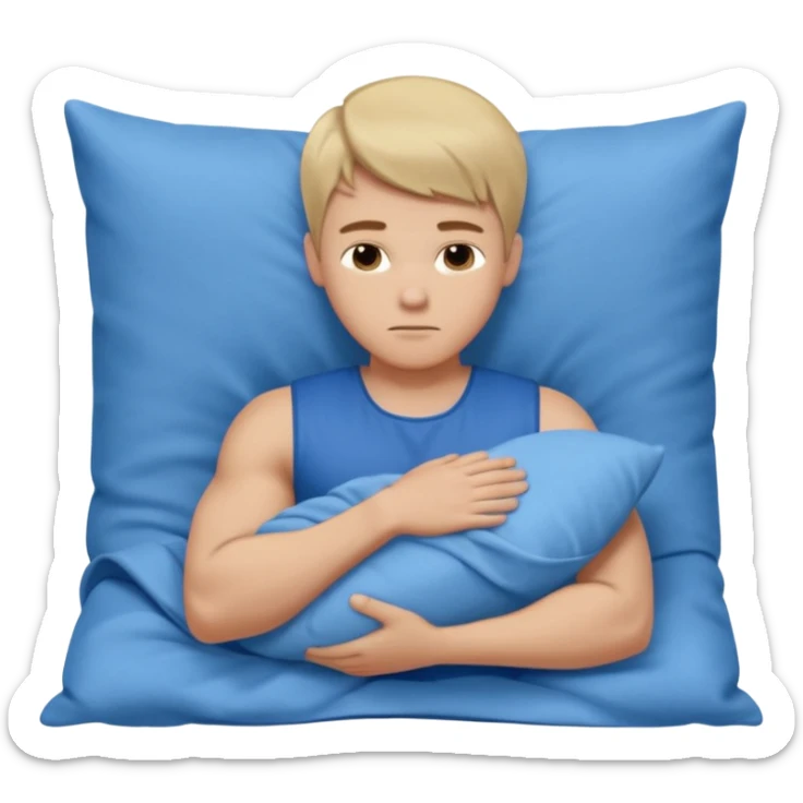 A young muscular male with short dark-blonde hair, medium-light skin, and a neutral expression, dressed in blue cloth. He lies on his side, arms around a soft white pillow, with his head on a smooth blue pillow. A flowing blue blanket covers him in silky folds. sticker