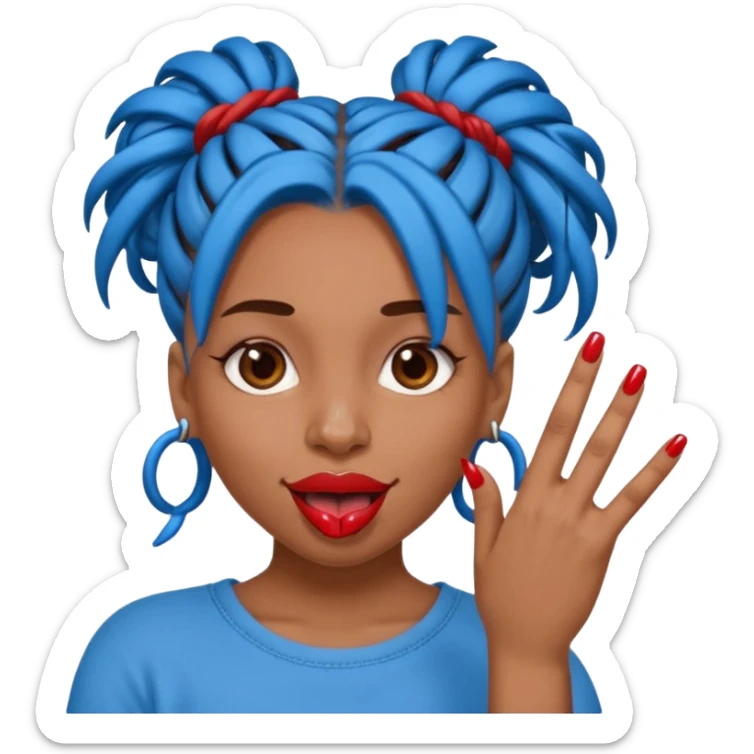 brown girl with blue locs in a bun with tongue out and red nails showing secomdnd finger sticker