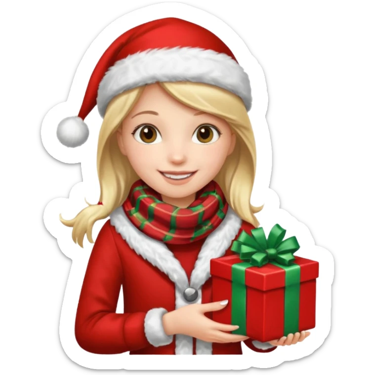 a girl wearing a chirstmas jacket and scarf and holding a christmas gift sticker