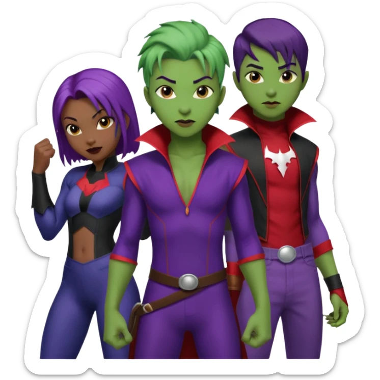 Solo poly platonic relationship, one African girl, one Asian boy, one biracial features Asian tomboy girl rat-tail hair long and upper masculine hair 90s, vampire and marvel cosplay elements inspired  use marvel race, like instead of obvious human, green purple blue etc,  sticker