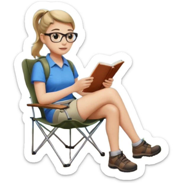 A pony tail hair woman journaling on a camping chair, enjoying the quiet nature scene. sticker