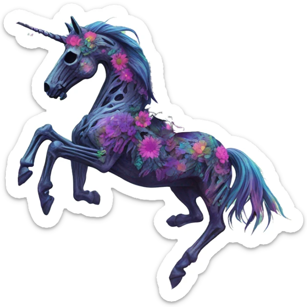 Zombie Pegasus unicorn skeleton person psychedelic flowers floral groovy art neon rave raving sticker