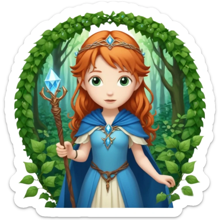 Hyper realistic green ivy forest elf mage fairy princess pale skin blue-eyed ginger hair sticker