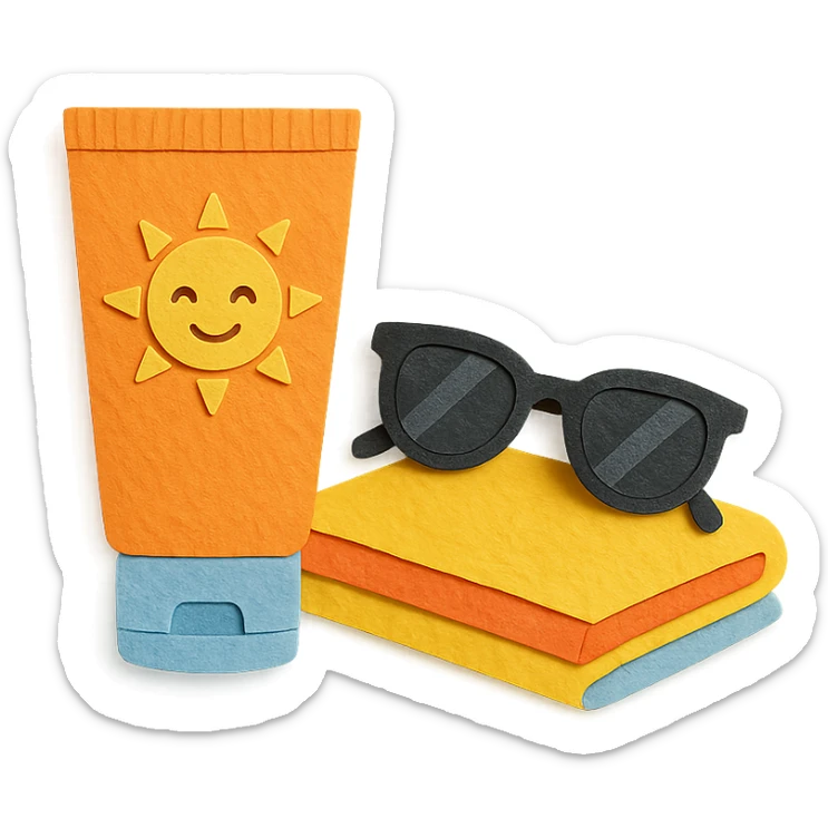 tube of sunscreen with a smiling sun, next to sunglasses and a towel, paper-craft style sticker
