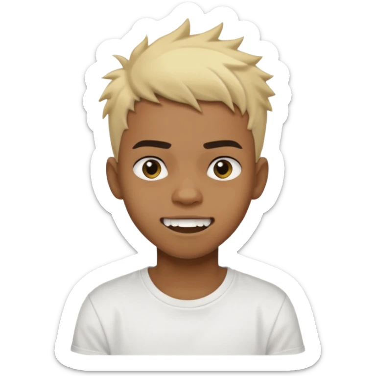 Black Male Teenager with Short punk messy blonde hair, Dark brown bushy eyebrows large expressive golden-brown eyes, wearing a plain white t-shirt, Dark Brown skin color. Fun teeth sticker