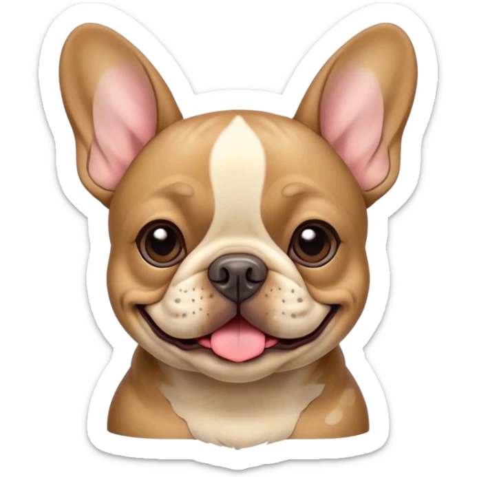 Cinematic Comical Fawn French Bulldog Portrait Emoji, Head tilted dramatically with an exaggeratedly amused expression, featuring a striking fawn coat with a subtle brindle pattern, wide, expressive dark eyes filled with playful disbelief, Simplified yet hilariously expressive features, highly detailed, glowing with a slightly sassy glow, high shine, dramatic yet playful, stylized with an air of cheeky charm, bright and endearing, soft glowing outline, capturing the essence of a spirited and over-the-top companion, so meme-worthy it feels like it could side-eye its way into internet fame instantly! sticker