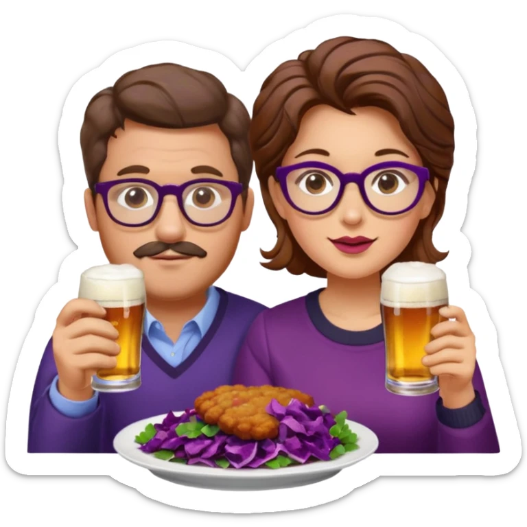 German man with glasses and brown hair and woman with glasses and brown hair eating schnitzel, red cabbage, potatoes, and drinking a beer sticker