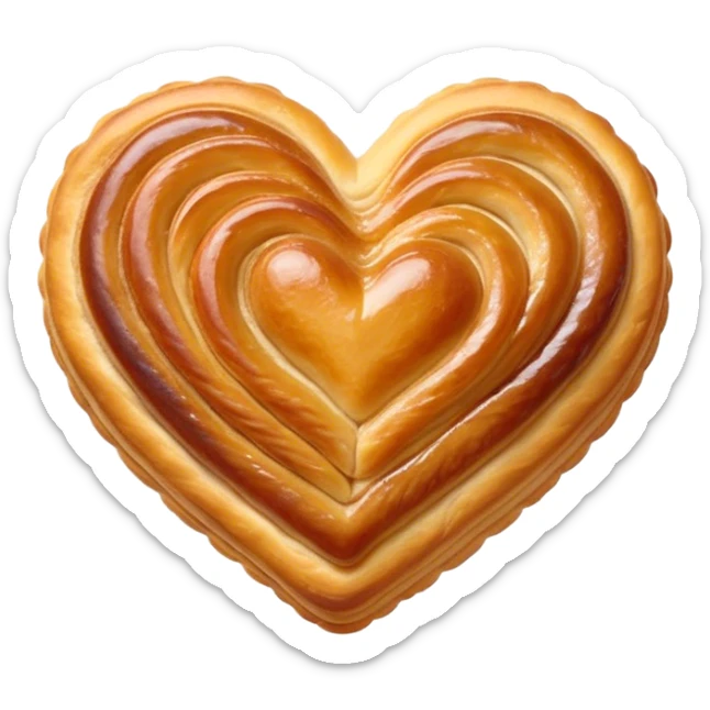 Cinematic crisp palmier, golden-brown heart-shaped pastries, perfectly caramelized layers, delicate and flaky, warm glowing background, inviting and delicious. sticker