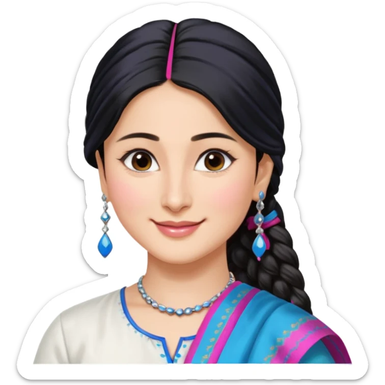 generate a pretty bratz emoji that looks like Kareena Kapoor's Geet character. 
Make her wear a white shirt with a colorful blue-pink dupatta wrapped around her neck. smiling big. Black hair tied into a side part ponytail, silver hoops and no necklace

She should look exactly  like Kareena Kapoor sticker