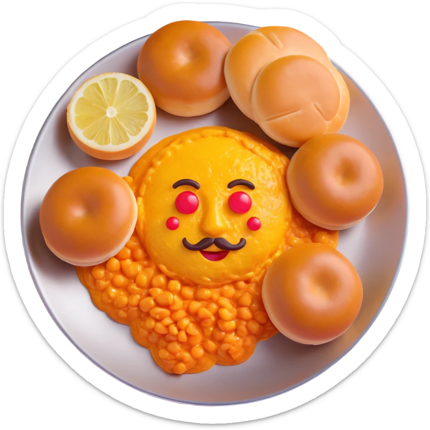 3D emoji style pav bhaji on stainless steel plate, orange-red bhaji with melting butter, two buttered pav buns, onions, lemon wedge, bright colors, soft shadows, isometric or top-down view, warm background sticker
