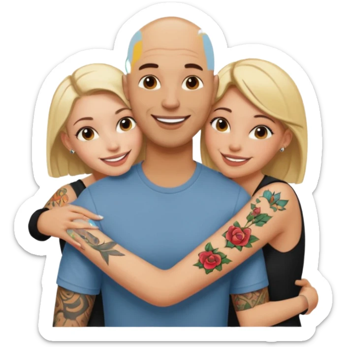 throuple tatted bald boyfriend with two girlfriends blonde and brunette loving  sticker
