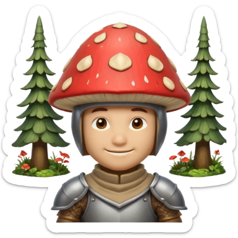 mushroom knight portrait, head and shoulders only, helmet made entirely of a large mushroom cap, textured mushroom surface, tiny fantasy armor collar, heroic smile, magical forest vibe, 3D cartoon, mobile game icon style, clean background, no text, no watermark
 
 sticker