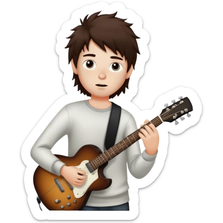A boy with messy dark brown hair, white skin with freckles, black eyes, a straight nose, and a guitarist sticker
