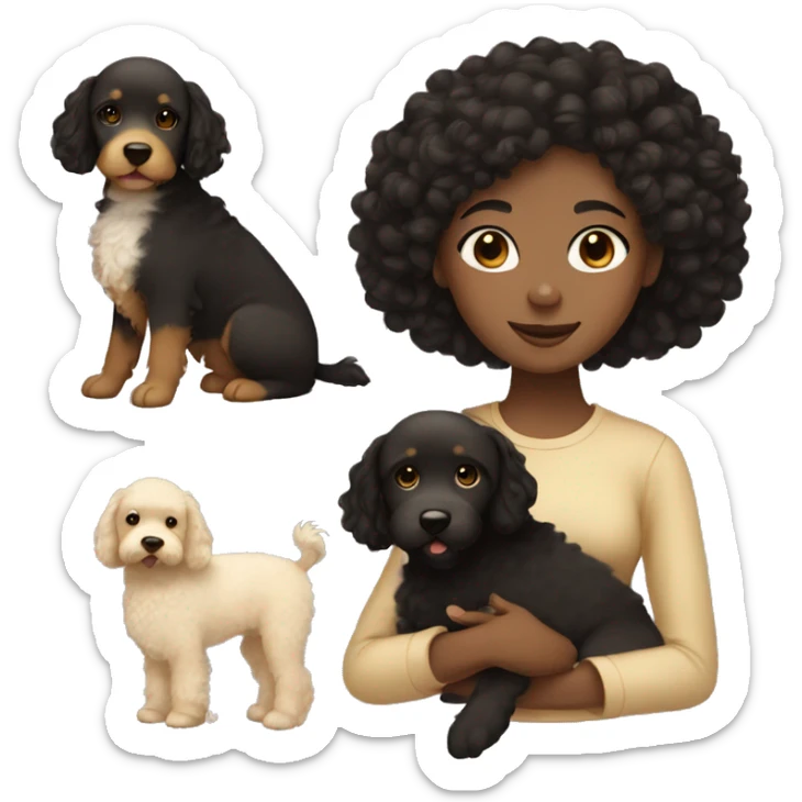 Black hair girl with brown eyes holding a beige golden doodle sticker