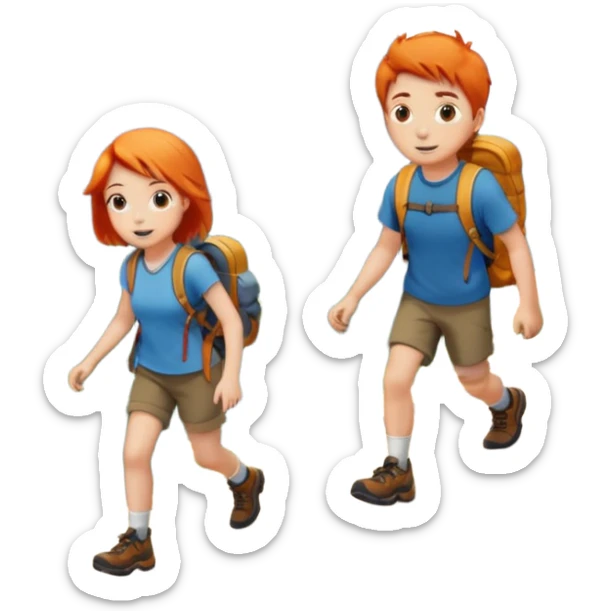 A girl with orange hair and a boy with brown hair hiking up a mountain  sticker