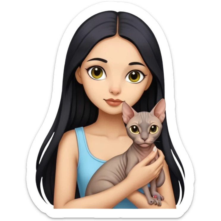 beautiful girl with long black hair holding a hairless sphinx cat sticker
