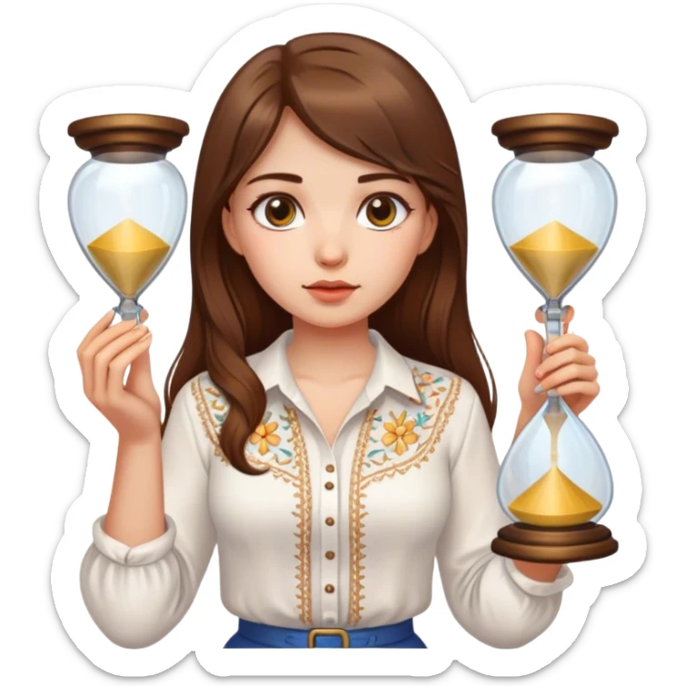 A Ukrainian girl with brown hair wearing a white embroidered shirt holds an hourglass in her hands sticker