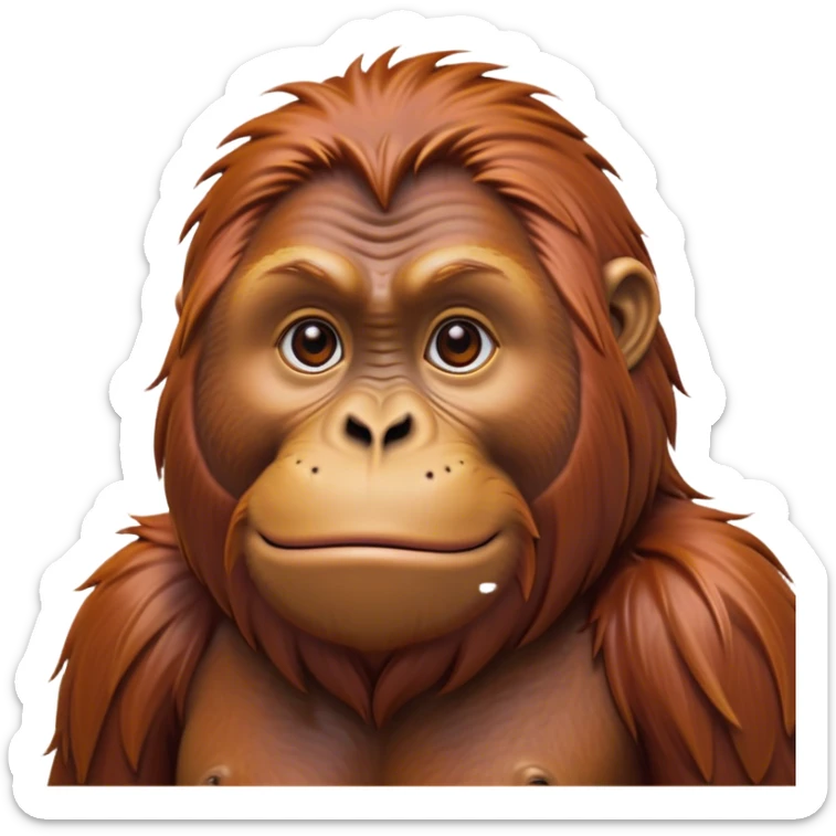 Cinematic Noble Orangutan Portrait Emoji, Poised and regal, with a robust, thoughtful build and deep, soulful eyes framed by rich, textured fur, Simplified yet sharp and sophisticated features, highly detailed, glowing with a soft, earthy glow, high shine, intelligent and contemplative, stylized with an air of ancient wisdom, focused and commanding, soft glowing outline, capturing the essence of a watchful and confident guardian that appears ready to step out of the screen with timeless authority! sticker