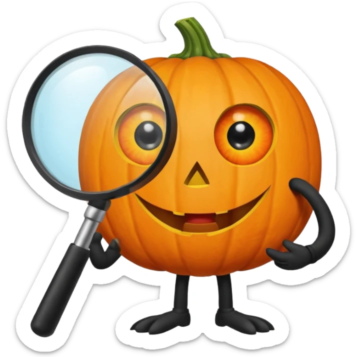 A pumpkin smiling at a magnifying glass (the magnifying glass has limbs and a suit thats black, the magnifying glass also has a eye, looks like a cyclops eye, one eye in the middle) sticker