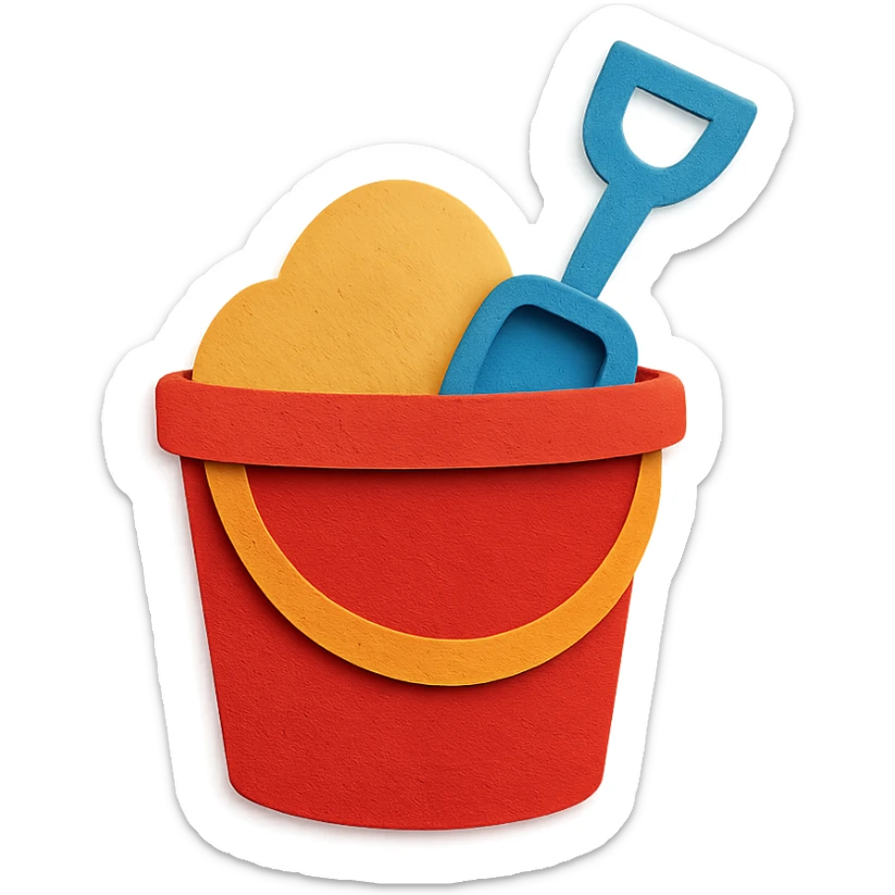 beach bucket and pail with sand and a small shovel, bright colors, in paper-craft style sticker