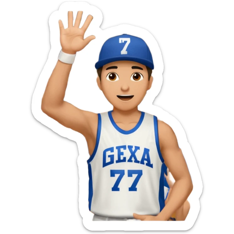 Maverick Trevillian in the crowd at an amateur basketball game. He leans towards the camera and enthusiastically shouts "six seven while performing a distinctive hand gesture: both hands open, palms facing upward, moving up and down as if weighing two options. sticker