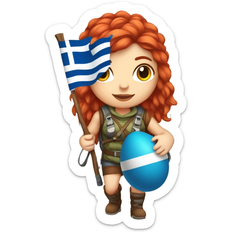 Greek Female winter mountaineer red hair white skin climbing with Greek Flag and Easter eggs basket sticker