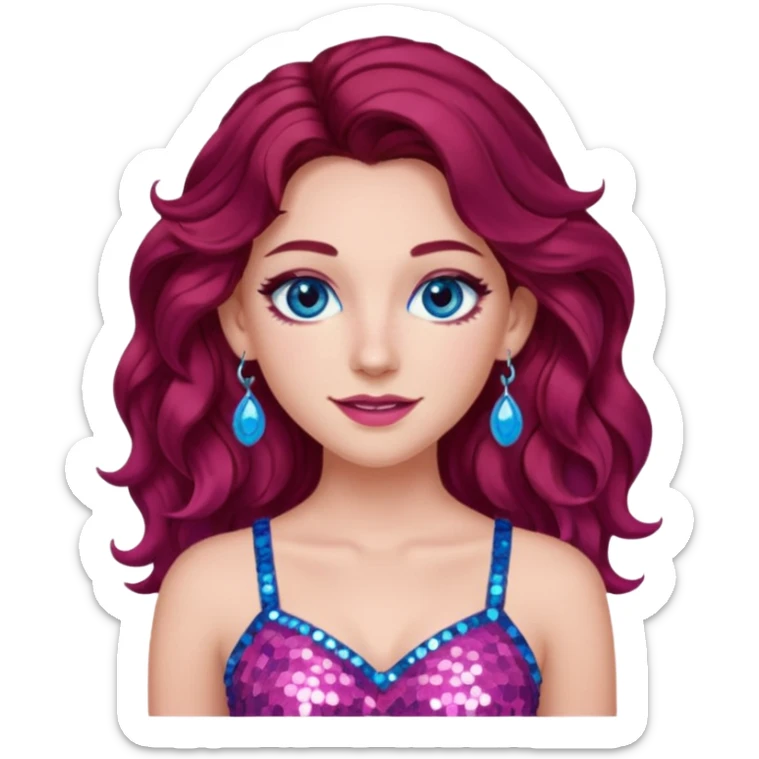 Chappell Roan (b.1998) with long dark red hair, pink sequin crop top, pink earring, blue eye, makeup sticker