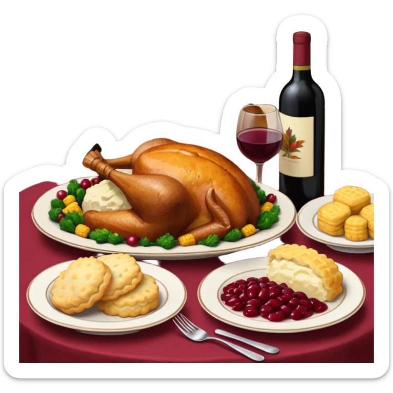 Thanksgiving Dinner with friends of all different races; have the food be a cooked turkey, mashed potatoes, corn, a basket of biscuits, a small bowl of cranberry sauce, baked yams, steamed vegetables, and a bottle of wine. sticker