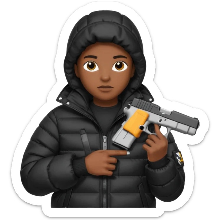 african american wearing a black puffer jacket with the hood on and holding a glock 26 sticker