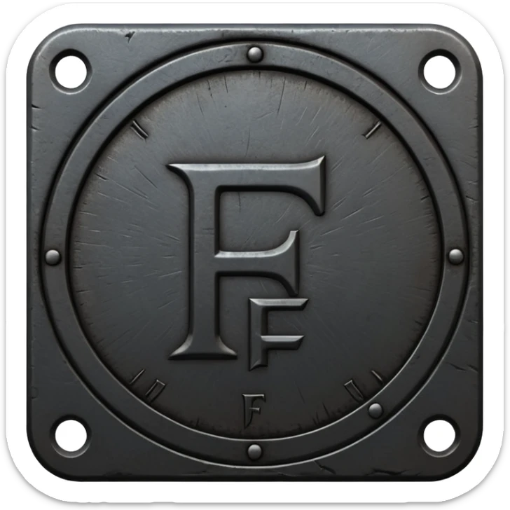 Minimal emoji, gothic metal coin made of black steel, engraved number f at the center, ancient industrial aesthetic, worn metal texture, no glow, no neon, flat emoji design, centered, transparent background sticker