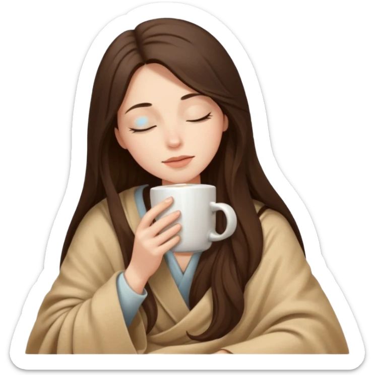 Brunette girl long hair inside a beige blanket sipping coffee eyes closed sticker