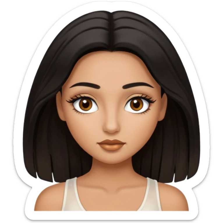 A girl, who has long black styled silk hair, tan skin. almond brown eyes that has black long lashes, small nose and full lips. and a bit of makeup like bronzer. and wearing a white tight top. long black lashes and medium arched brows. looks like a baddie. sticker