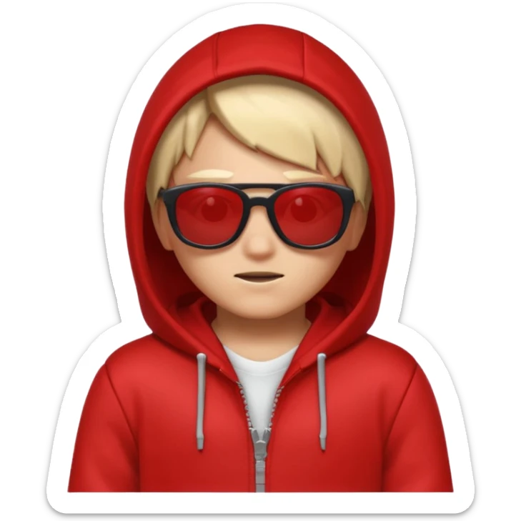 Roblox avatar with a red hoodie and sunglasses, looking mysterious and mischievous sticker