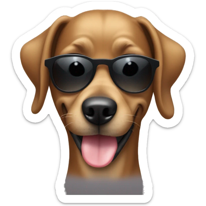 ALL HAIR IS BLACK Female black large dog with very short hair and big ears with sunglasses . She is smiling with the tongue outside the mouth  sticker