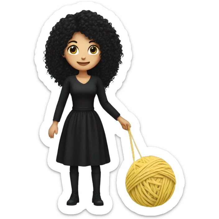 woman with long black curly hair holding one ball of yarn wearing black clothes sticker