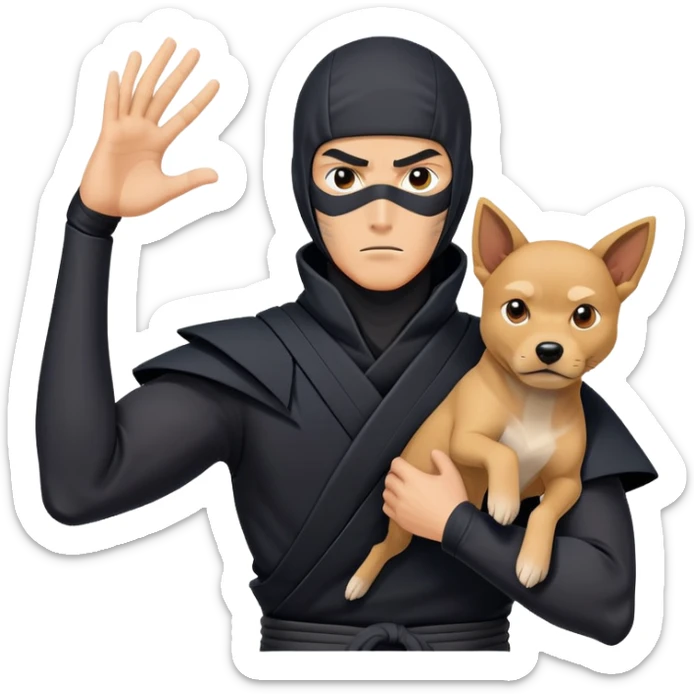 clash-of-clans-aesthetic_-cinematic-mysterious-male-ninja-portrait-emoji, rendered in a flat, vector-style with minimal shading and bold, simplified shapes, his arm is stretched out  with a head slightly turned revealing intense, focused eyes. the ninja is accompanied by a Ninken dog sticker